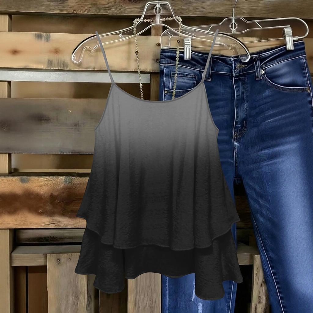 Women's Sleeveless Double Layer Spaghetti Strap Top Gradient Print Casual Summer Blouse Lightweight Loose Fit Tank Top for Daily Wear