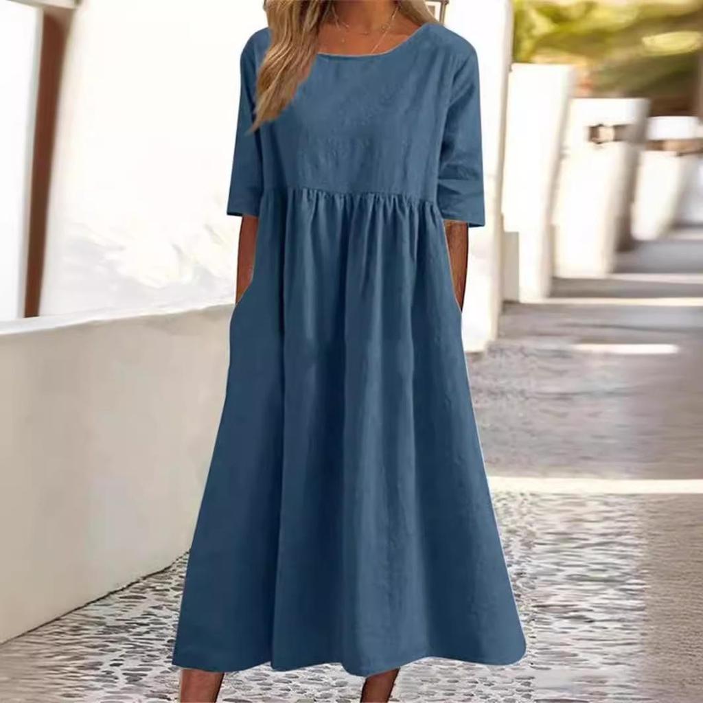 Women's Round Neck Short Sleeve Loose Casual Long Retro Dress
