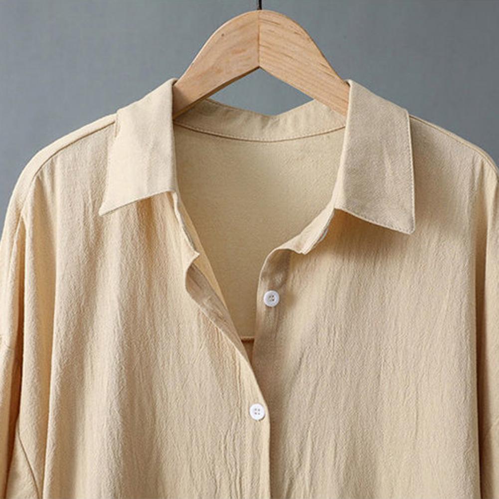 Women Shirt Lapel Three-quarter Sleeves Mid-length Shirt Tops Single Breasted Solid Color Loose Fit Casual Shirt