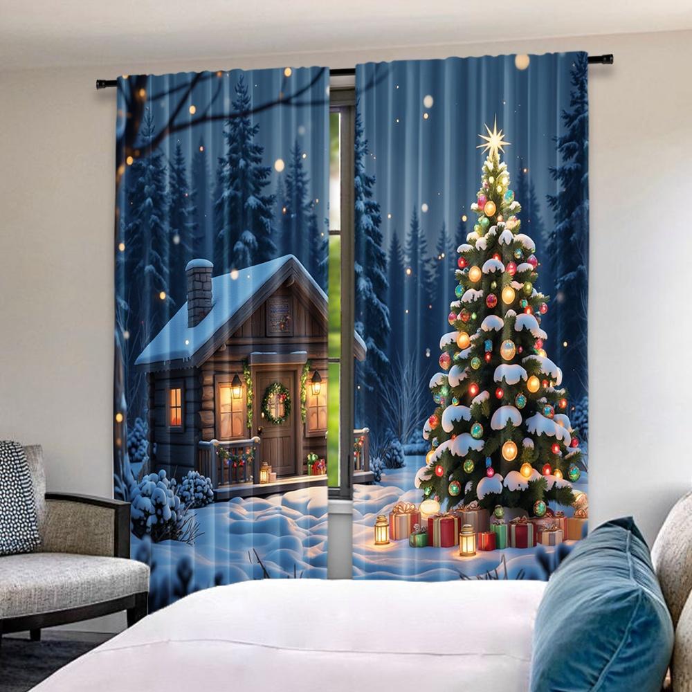 Set Of 2 Flat Printing Christmas Curtains Holiday House Scene Scopic Stylish Polyester Fiber Party Curtain Made