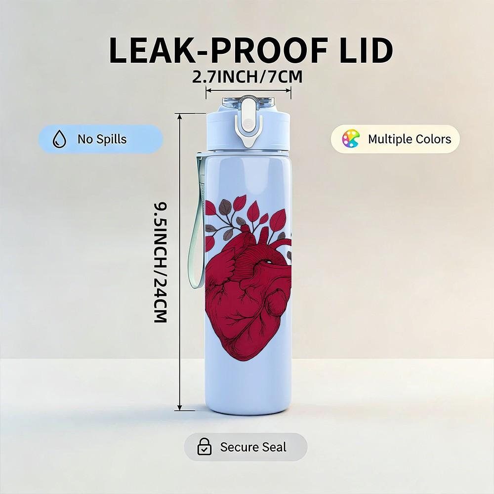 1PC Human Heart Floral Print 750ml Color Plastic Sports Water Bottle Leakproof Flip Straw Lid Suitable for Sports Office Home Use