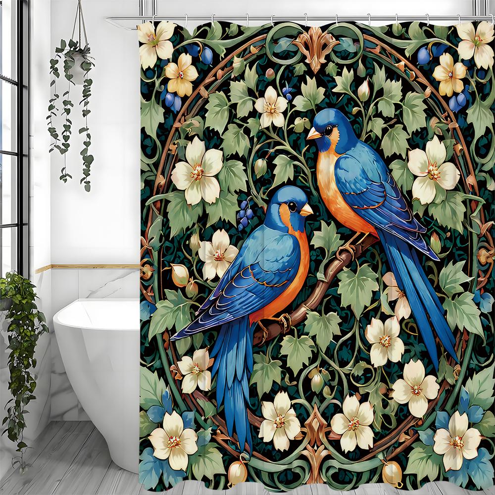 Blue Bird Flower Green Leaf Purple Fruit Shower Curtain, Bathroom Decorative Shower Curtain, Waterproof Shower Curtain with Hook