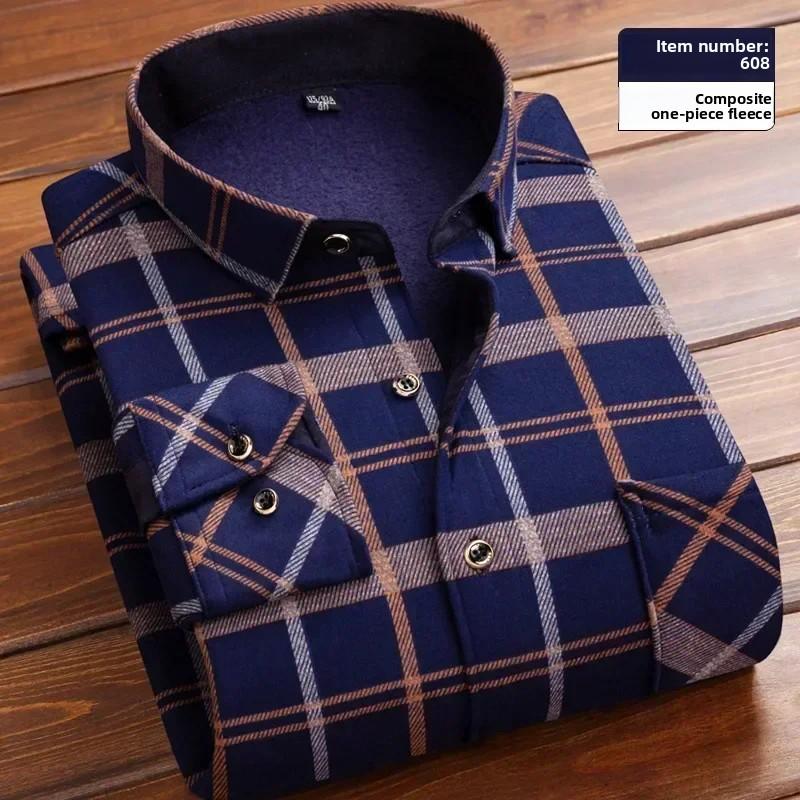 Autunno Inverno 2026 Camicie Casual a Quadri da Uomo Camicie Base Calde per Ufficio Maglie a Manica Lunga in Pile per Uomo Top