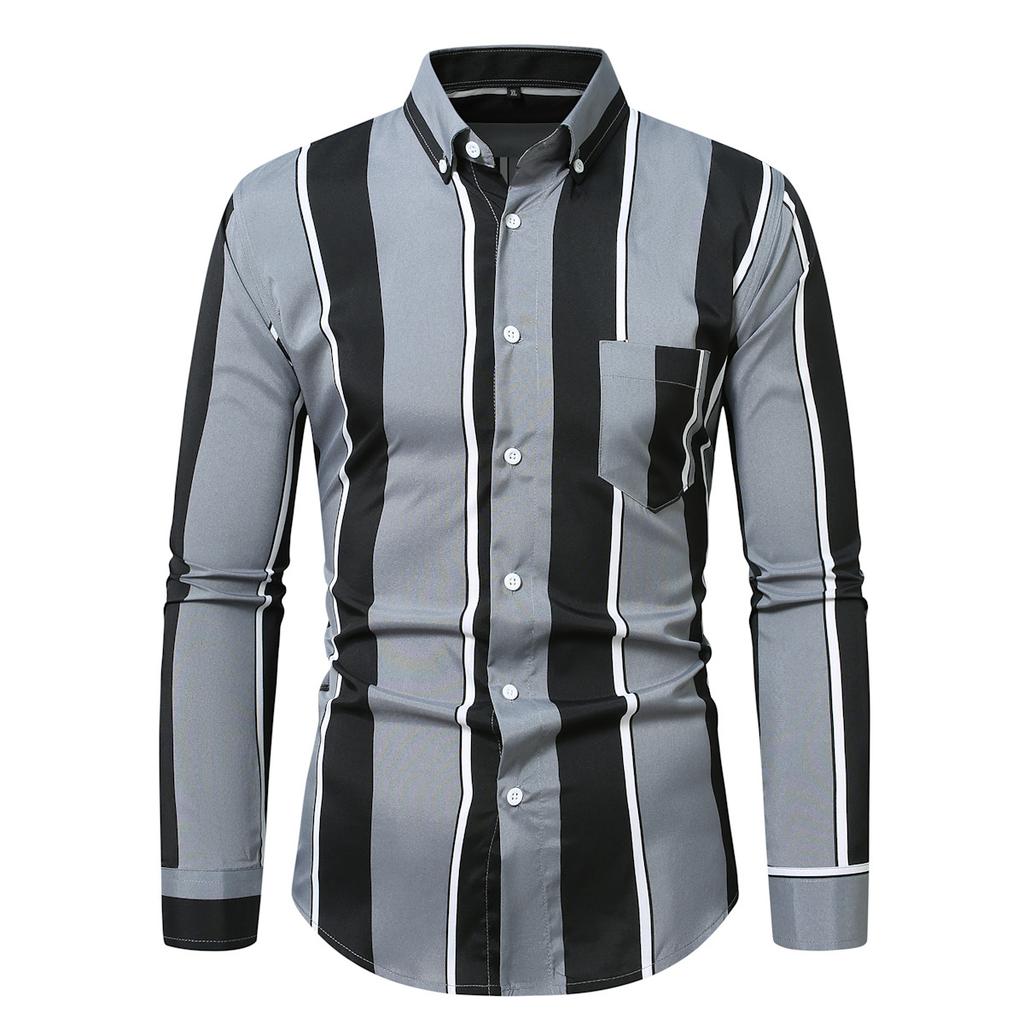 Autumn Men'S Vertical Stripe Long Sleeve Shirt Fashion Multi-Color Button-Neck Business Casual Shirt