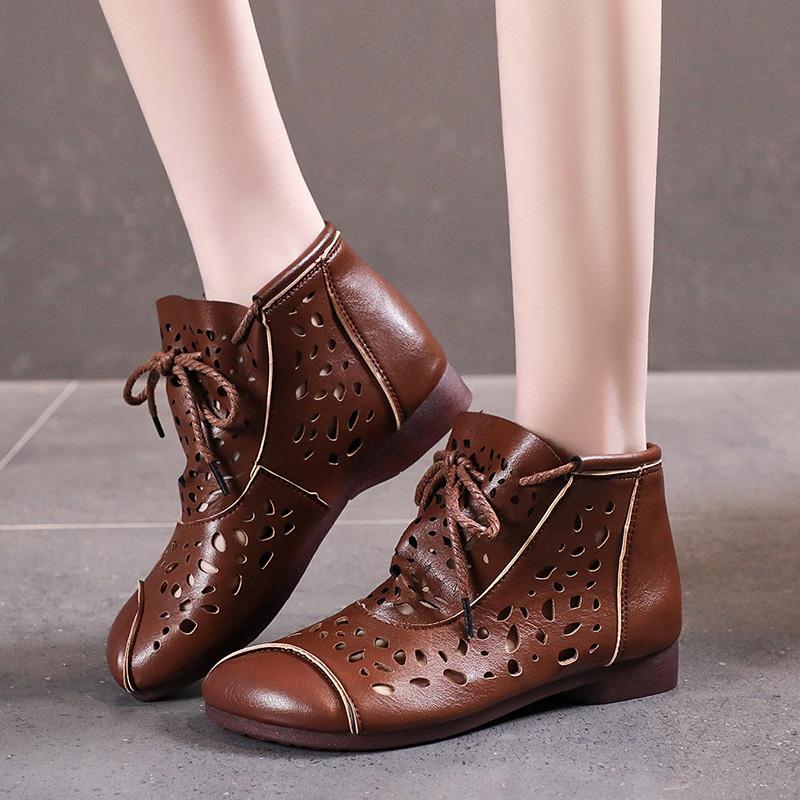 Fashion Ladies Boots Summer New Leather Hollow Women's Sandals Casual Lace Up Sewing Commuting Roman Shoes for Women Goth Ankle Boots