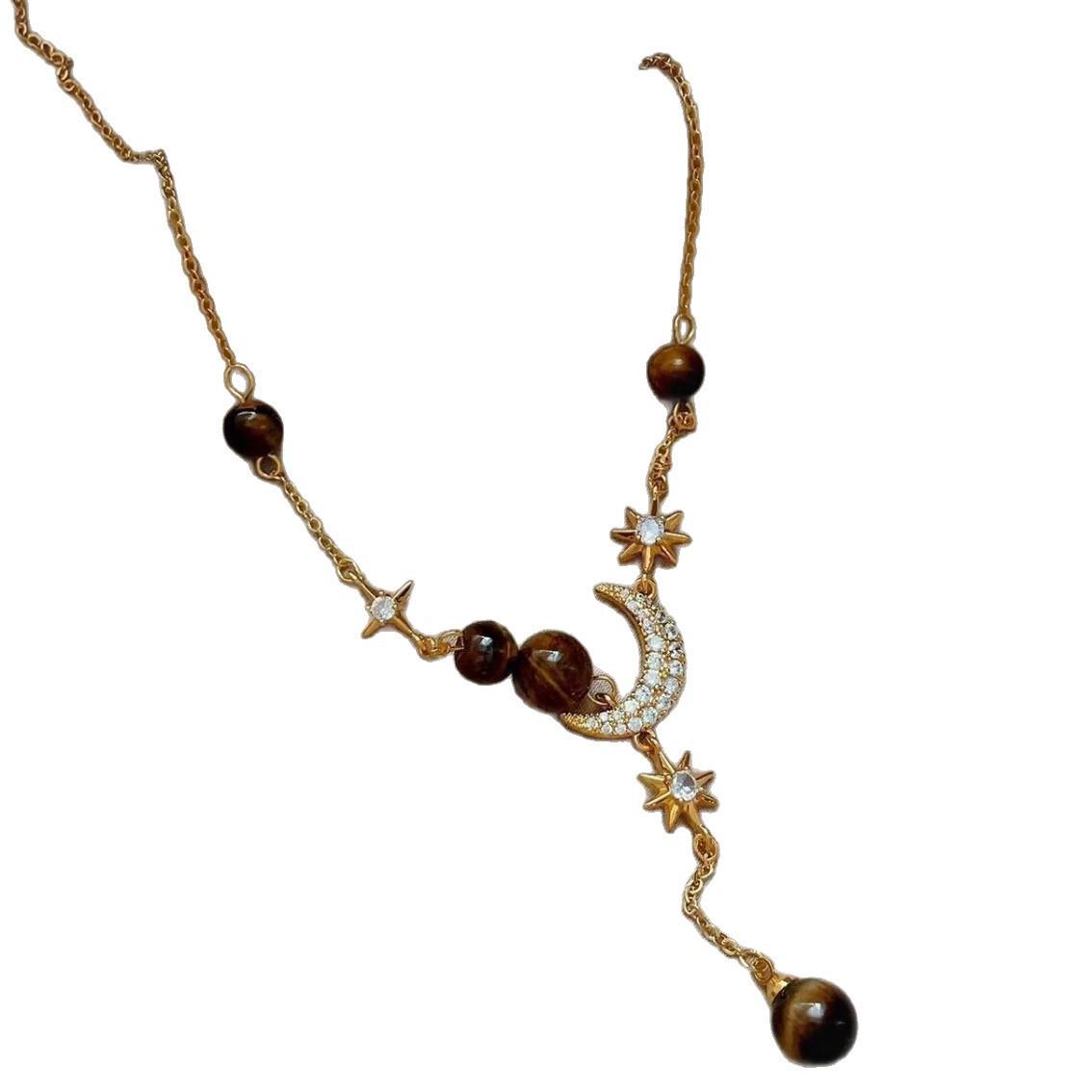 Exquisite Star and Moon Zircon & Tiger s Eye Necklace - Versatile Long Sweater Chain for Autumn/Winter