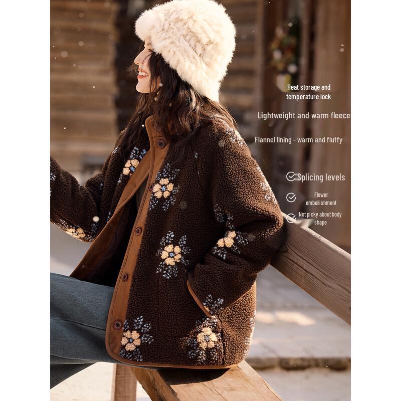 Women s Floral Color Block Fleece Padded Jacket L