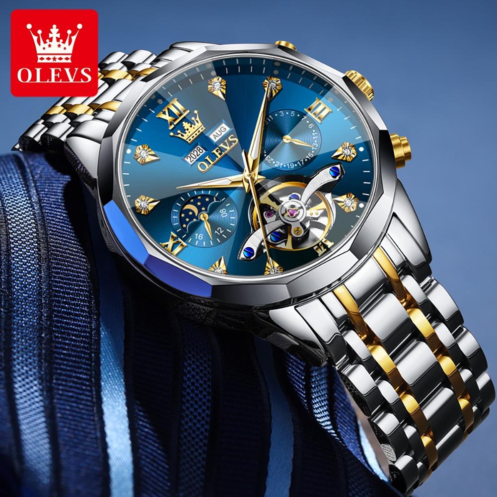 OLEVS 6621 Mens Skeletonized Flywheel Wristwatch Dual Calendar Moon Phase Waterproof Automatic Mechanical Luxury Watch Man