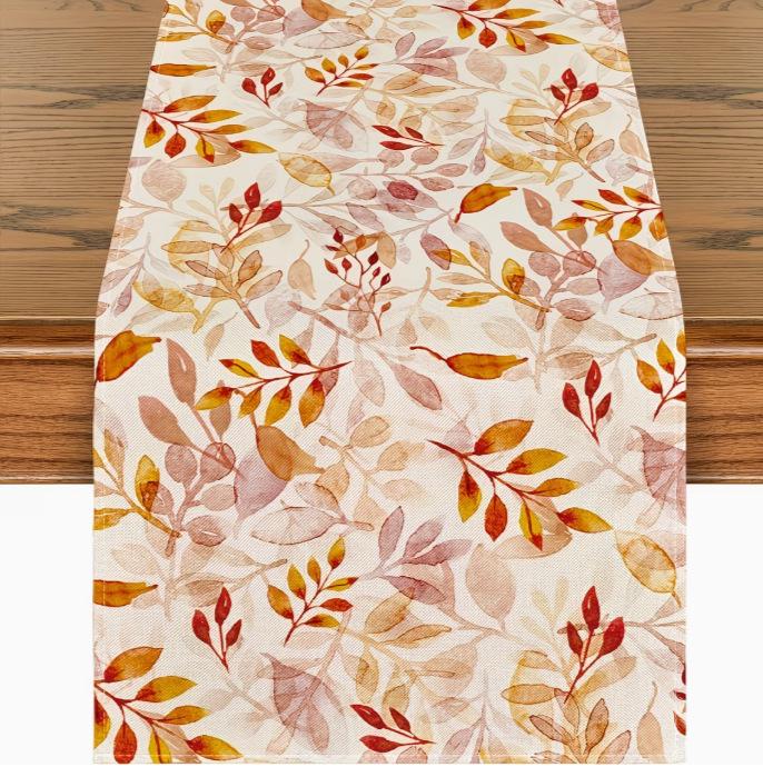 Autumn Leaves Pumpkin Table Runner: Linen Thanksgiving Decoration for Kitchen & Dining