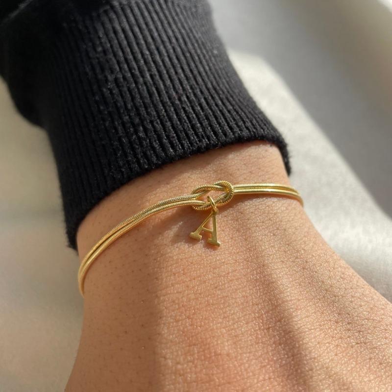 Custom Initial Love Knot Bracelet, Dainty Stainless Steel Couple Snake Chain Infinity Knot Bracelet Set, Handmade Christmas Gift A