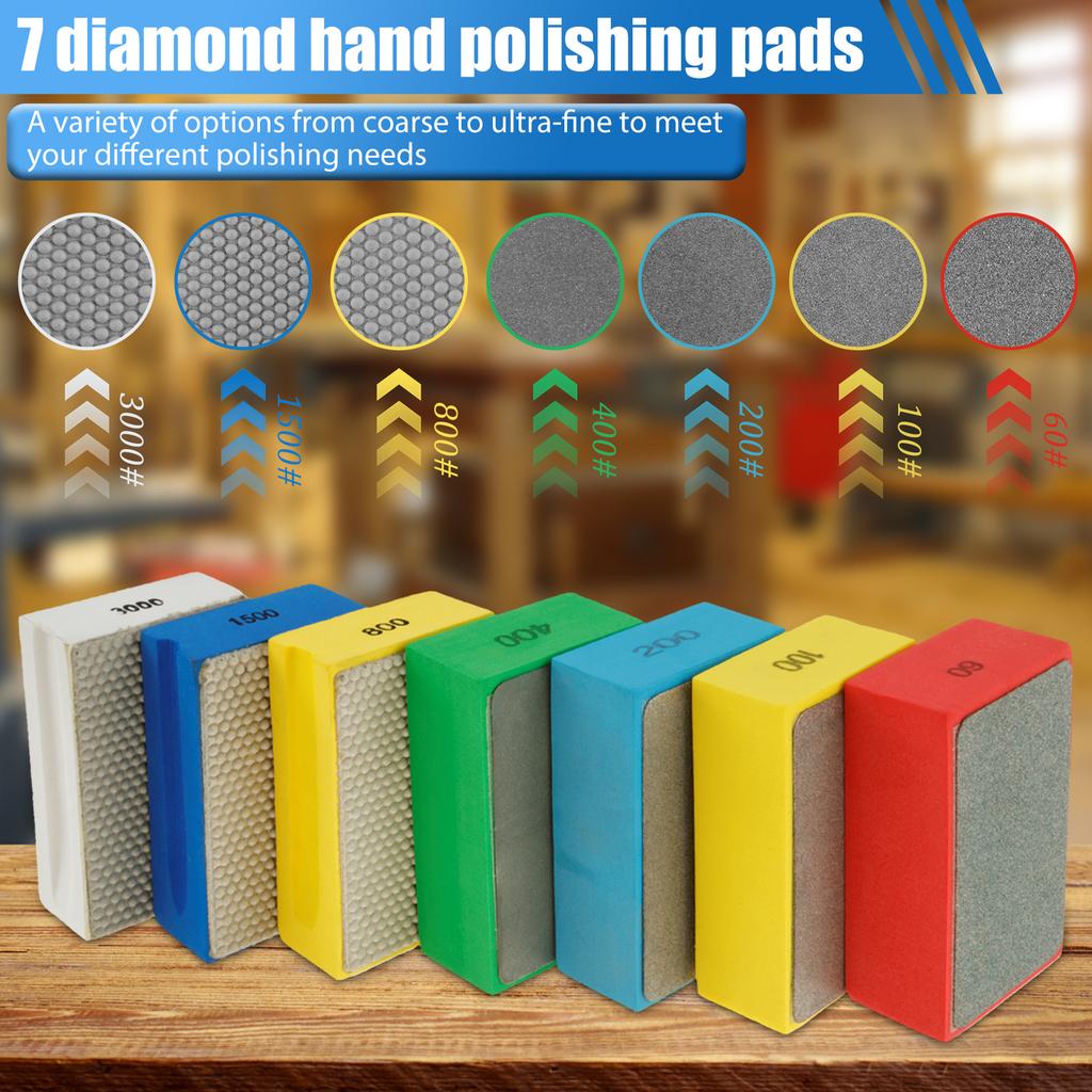 Diamond Hand Polishing Pads 60-3000 Grit Sanding Block Foam Backing for Tile Glass Stone Marble Granite Ceramics Metal Wet&Dry