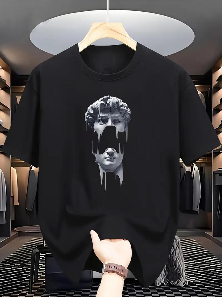 Summer Fashion Men's Crew Neck T-Shirt - Artistic Stone Statue Print, Knit Fabric, Slight Stretch, Regular Fit