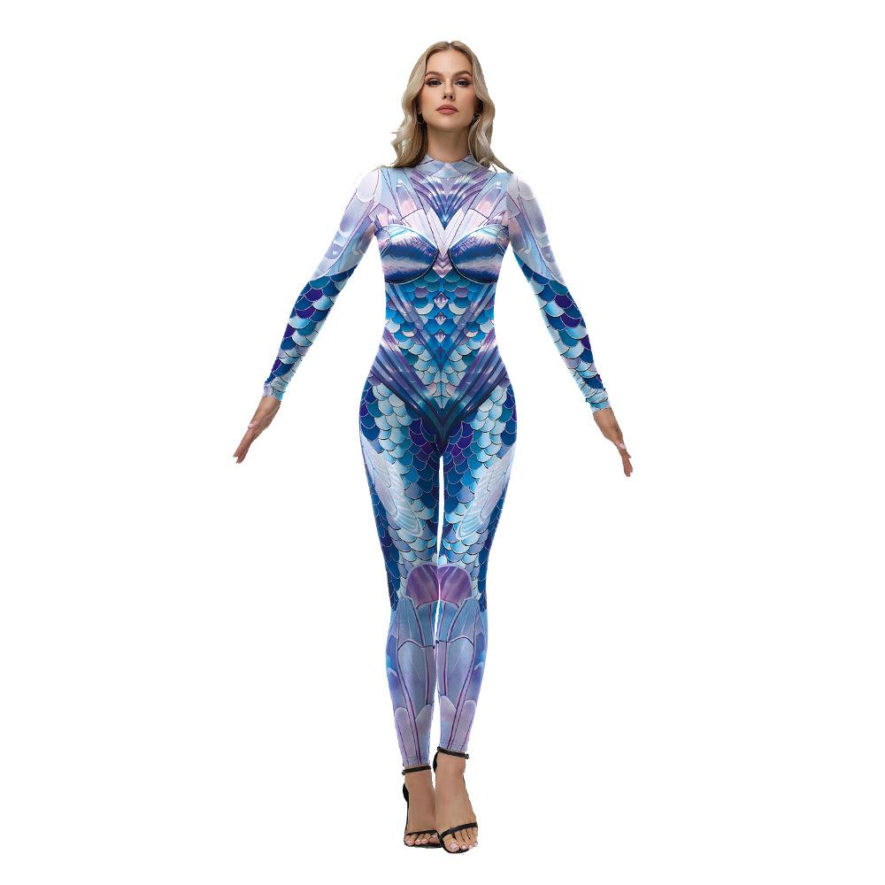 Vissenschub Zeemeermin 3D Digitale Print Eendelig Halloween Kostuum voor Volwassenen Vrouwen Feest Spel Speel Bedrukte Panty Jumpsuit