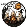 Garden Hanging Decorations Ghost Campfire Halloween Metal Wall Sign, Ghosts Roasting Marshmallows Round Cute Plaque, Spooky Art Decor for Porch