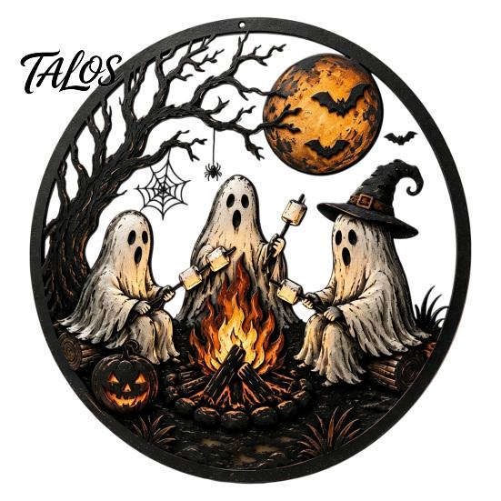 Garden Hanging Decorations Ghost Campfire Halloween Metal Wall Sign, Ghosts Roasting Marshmallows Round Cute Plaque, Spooky Art Decor for Porch