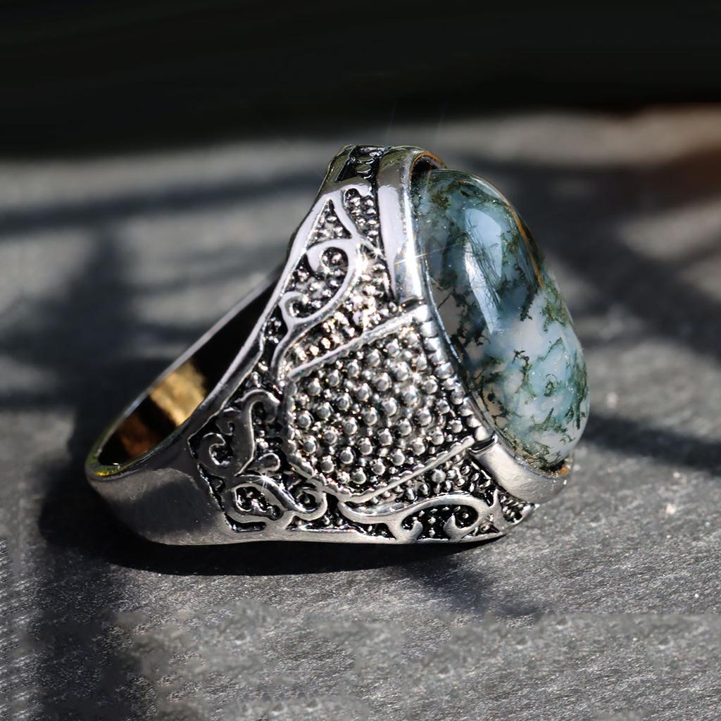 Aquatic Agate Stone Men's Fashion Jewelry Punk Hip Hop Silver Carved Ring