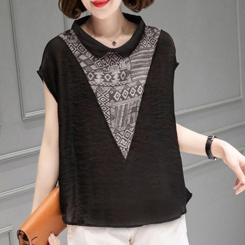 

Рубашка из хлопка и льна с короткими рукавами и воротником для малышей, свободная, для похудения летом, сшитая, большого размера, женская рубашка с принтом, закрывающая живот, тонкие рубашки 4XL чёрный