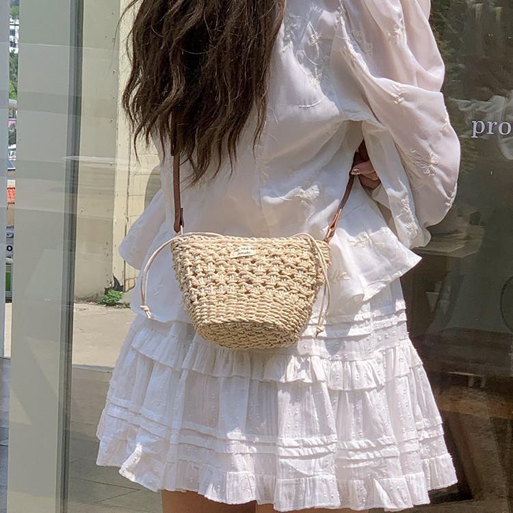 Cute bucket crossbody straw woven bag new small fresh hollow shoulder woven bag vacation beach bag versatile women's bag