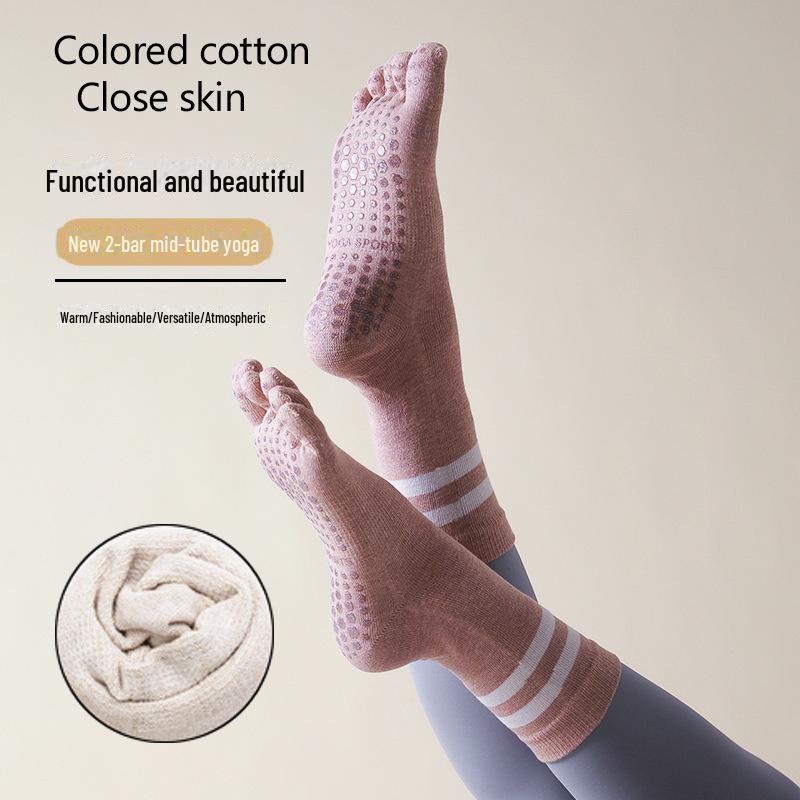 Women's Non-Slip Five-Finger Yoga Socks - Thick, Medium-Long Tube, Trendy Stripes, Sweat-Absorbent for Autumn & Winter.