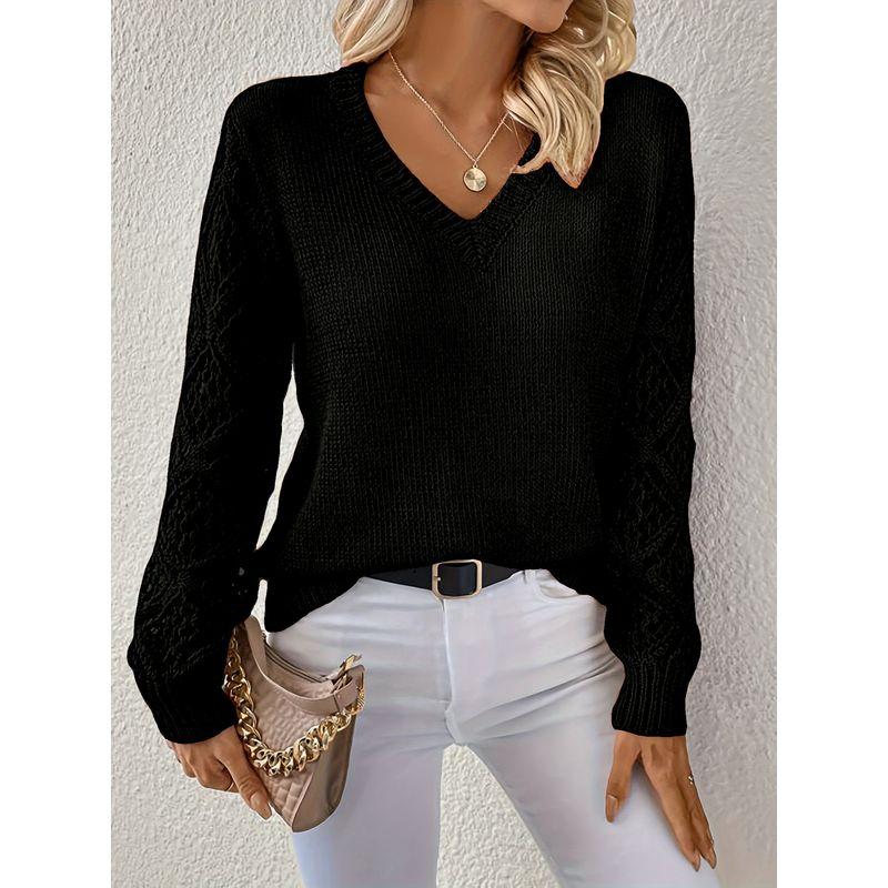 Base Sweater Autumn Hollow Out Women Clothes Pullover Long Sleeve Crochet Jacquard Loose V-neck Base Knit Sweater