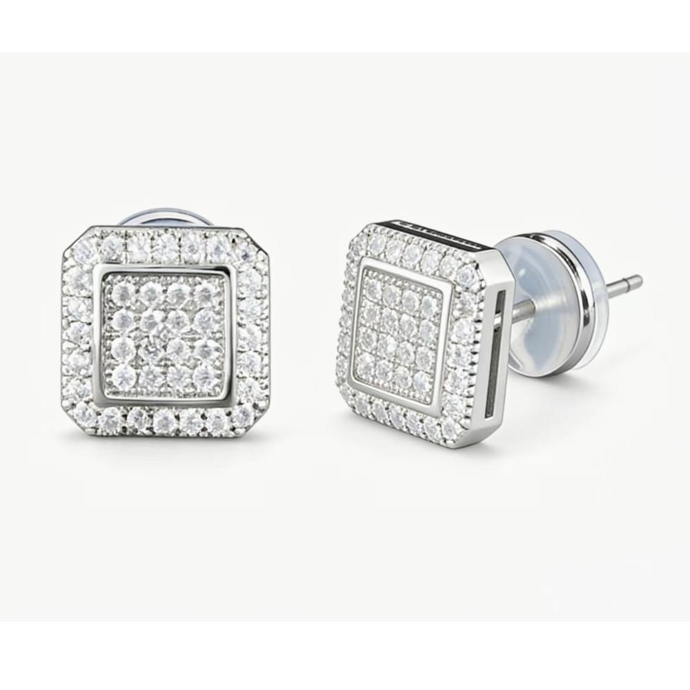 Square Double Layer Iced Out Moissanite Stud Earrings Copper Hip Hop Jewelry For Men Women