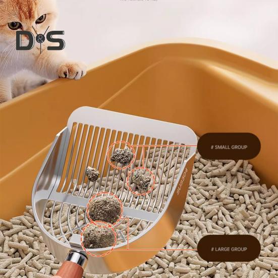 Katzenstreuschaufel aus Metall mit Halter, Haustierkotschaufel mit ergonomischem Holzgriff, schnelle Siebschaufel, Katzenbedarf