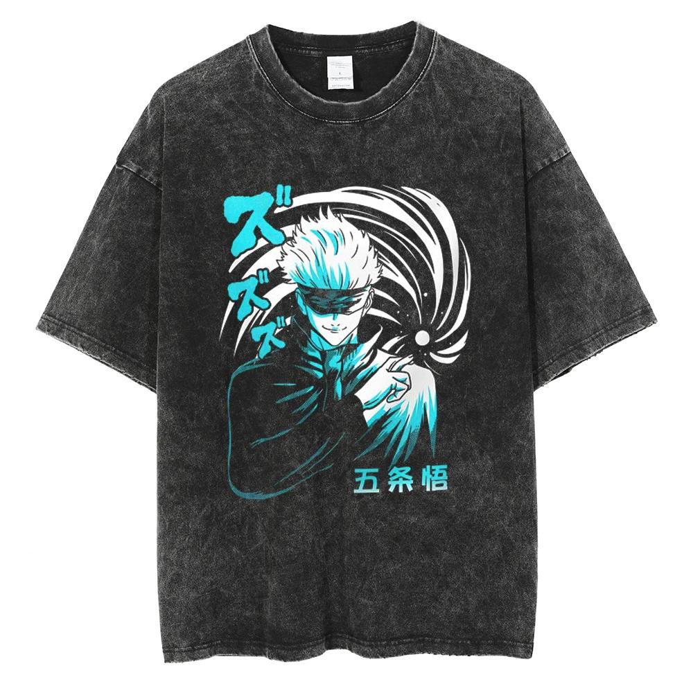 Anime Jujutsu Kaisen Gewaschenes T-Shirt Vintage Hip Hop Retro Baumwolle Herren Streetwear Übergroßes Damen Kurzarm Oberteil Y2k