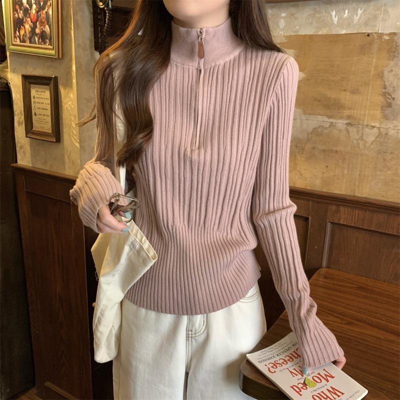 

Pit strip sweater women s autumn and winter new slim-fit zipper semi-turtleneck knitted bottoming shirt top One size fits all [recommended 80-60kg]