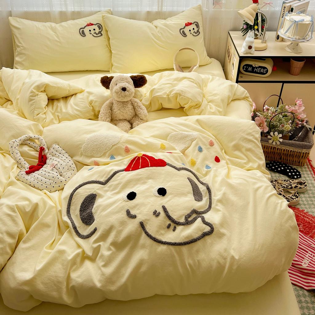 High Count High-Density Fabric Towel Embroidery Cartoon Four-Piece Bedding Set