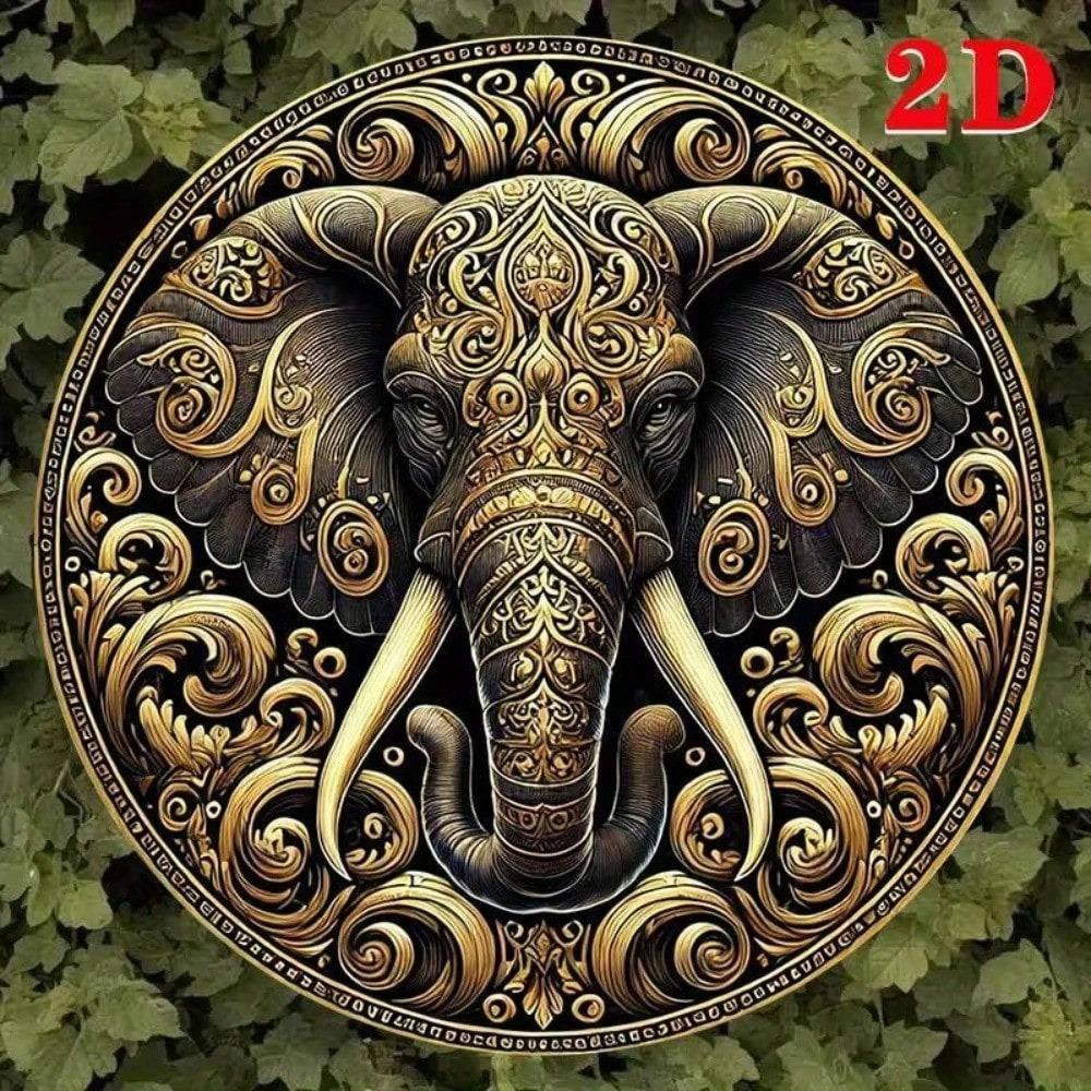 Vintage Golden Elephant Round Aluminum Wall Art Floral Geometric Decor