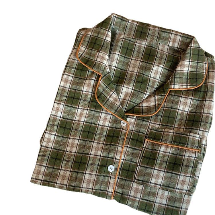 Korejské podzimní/zimní flanelové kostkované párové pyžamo s krajkovým výstřihem do V a dlouhým rukávem