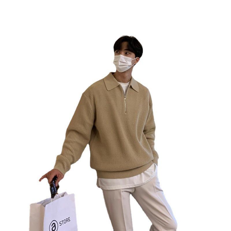 Men's Turn-Down Collar Knitted Sweater - Winter Loose Fit, Light Mature Style Polo Sweater
