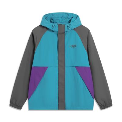 Li Ning Minimalist Color Block Hooded Loose Versatile Zipper Windbreaker Men Outerwear Reef-Blue Coal-Gray AFDVE63-5