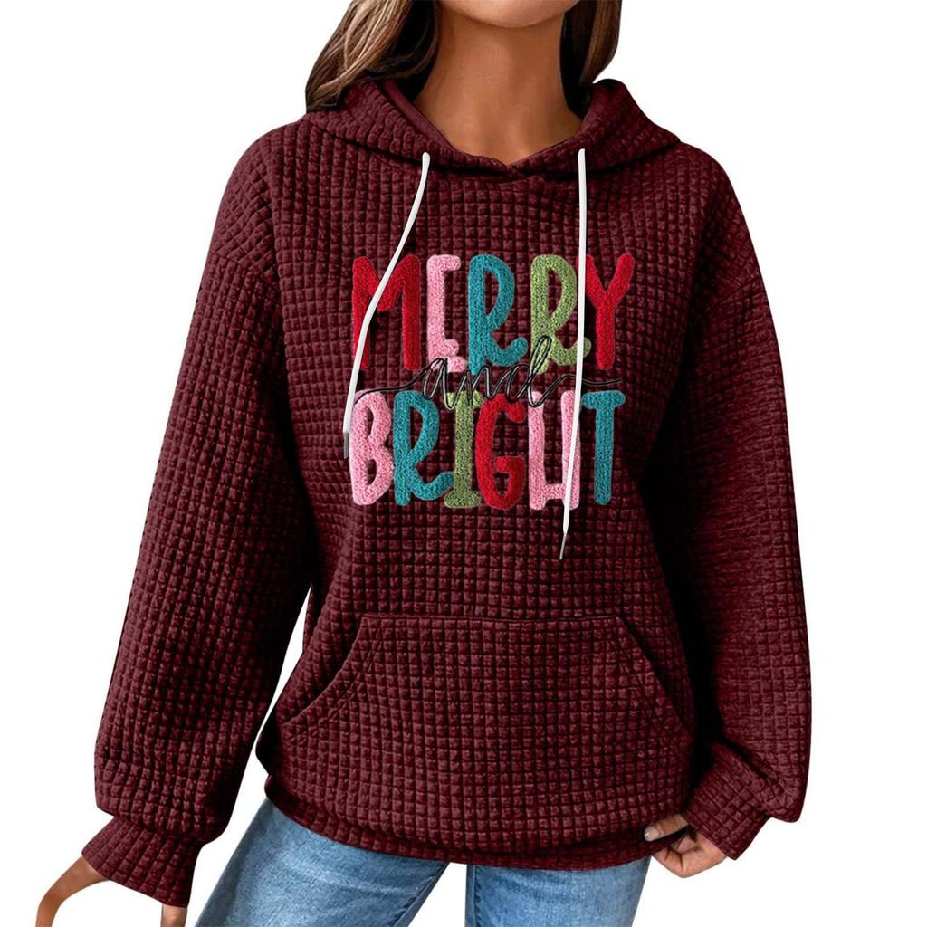 Women's Fashion Loose Hooded Pullover Long Sleeve Plaid Sweatshirt With Drawstring, Drop Shoulder, Pocket, Christmas Print Top