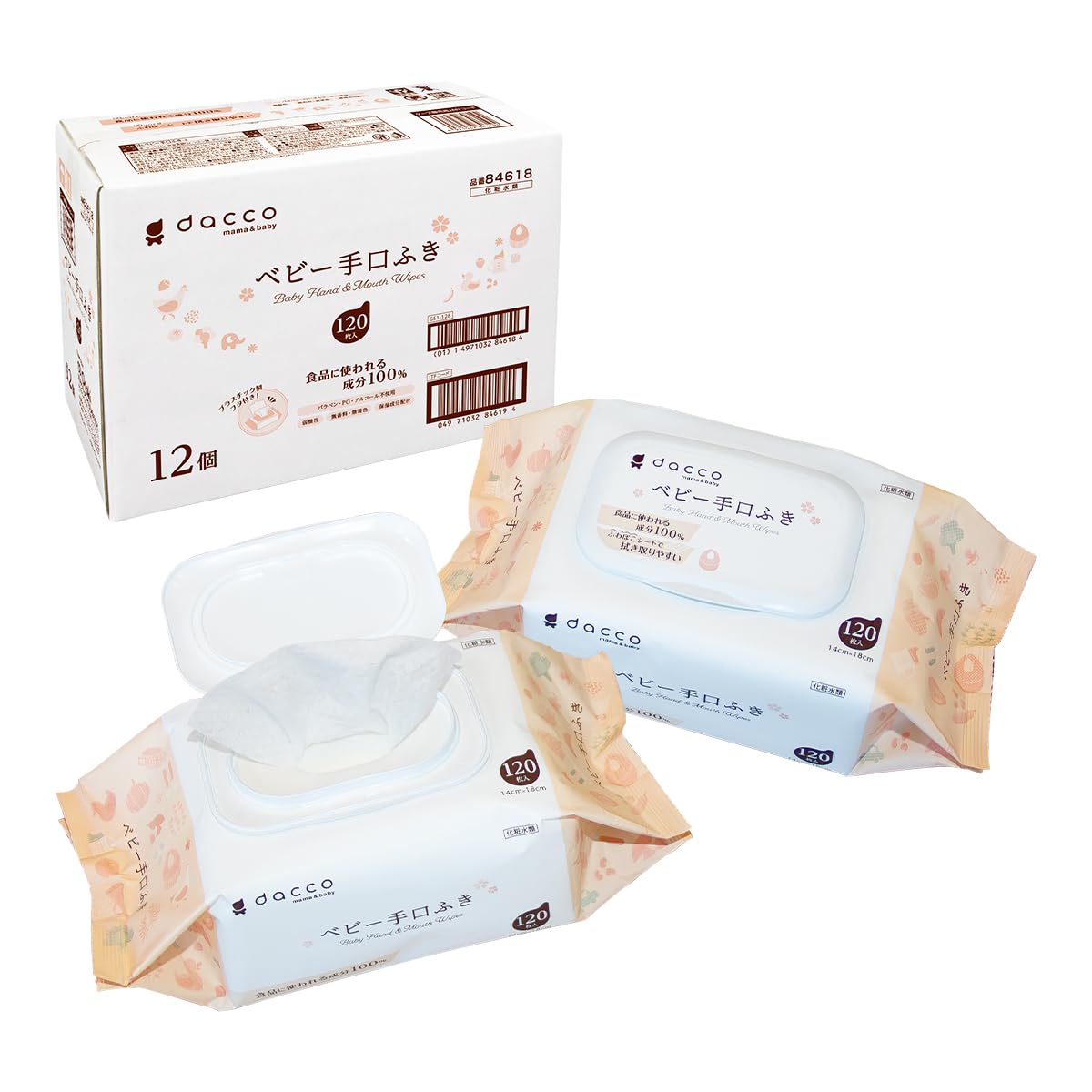 

dacco Baby Hand and Mouth Wipes with 1440 Sheets Sheets x 12 Fluffy 84618 Lids, (120 Packs), One-Hand Open/Close, Sheets,