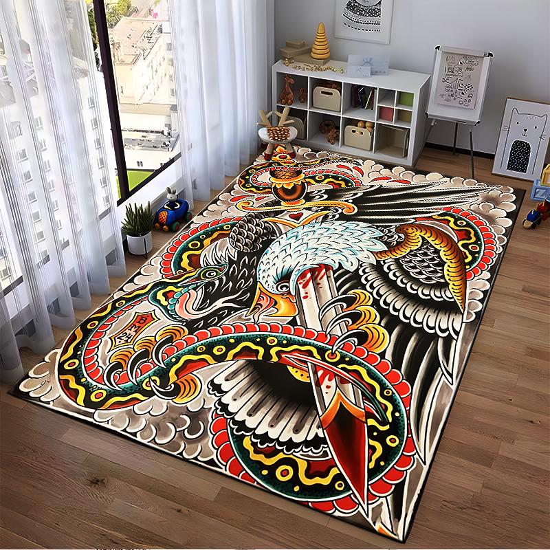 Bold Eagle and Snake Tattoo Style Carpet with Vibrant Colors and Patterns Suitable for Use As an Anti-slip for Living Room Bedroom Sofas