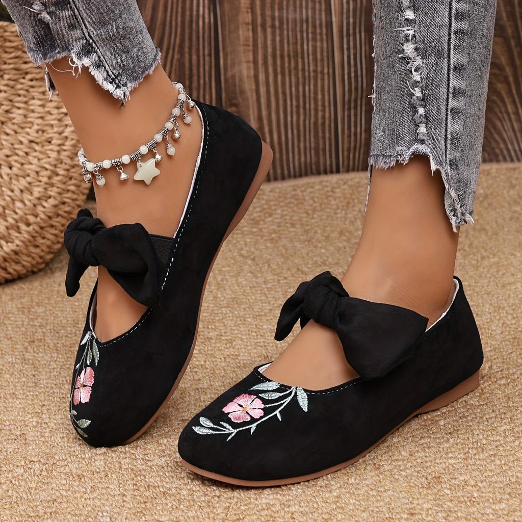 New Embroidered Bow Flat Mary Jane Shoes for Women Cross-border Ethnic Style Slip-Ons