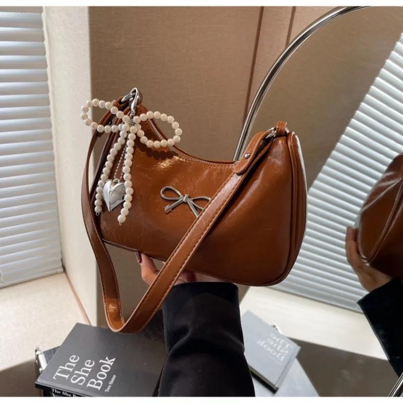 Chain Zipper Pu  Popular Shoulder Bag Sewing Thread Solid Color Bow Fashion Crossbody Bag Soft Versatile Women's Handbag