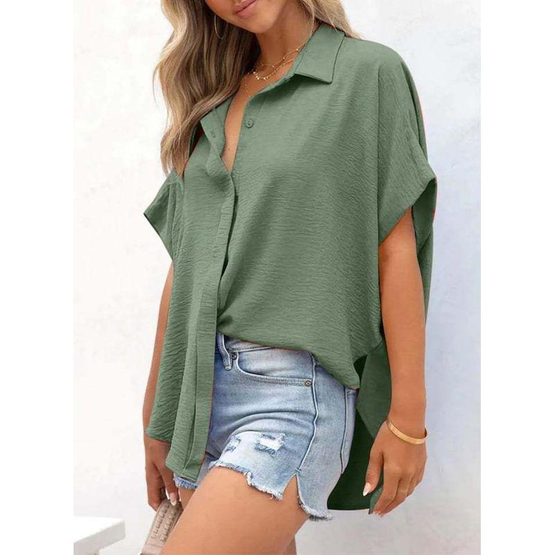 Western Style New Fashion Casual Loose Short Sleeve Lapel Shirts Top Solid Color Shirt Top