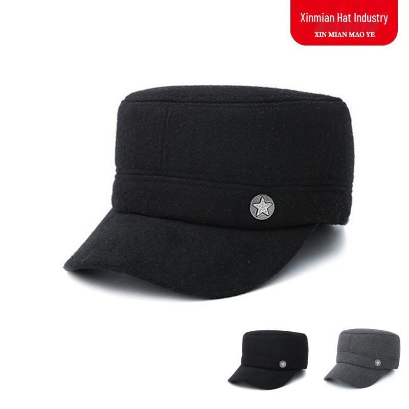 Men's Woolen Flat Top Hat with Ear Protection - Autumn/Winter Windproof Solid Color Baseball Cap