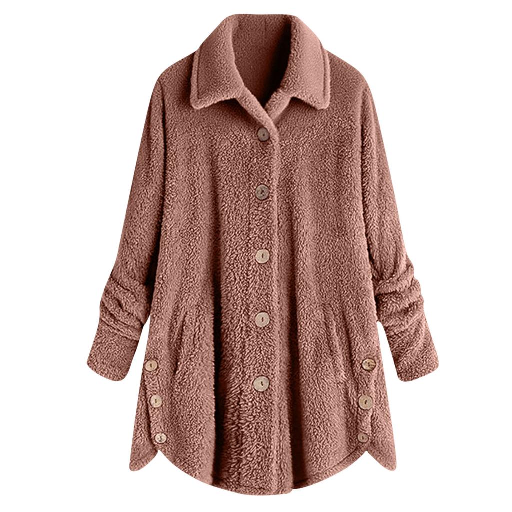 Women's Fashionable Plush Solid Color Button Pocket Lapel Long Sleeved Loose Warm Jacket