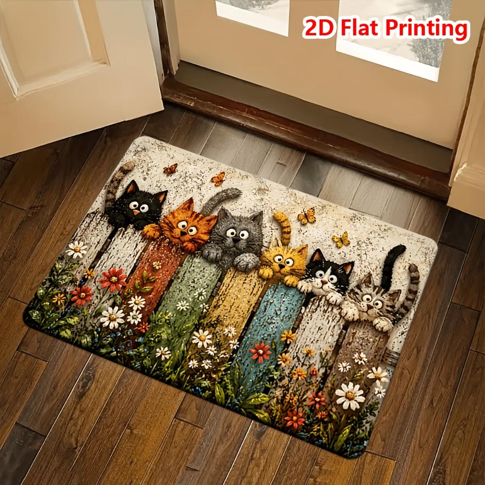 2D Flat Cute Cat Printed Faux Cashmere Bath Mat Absorbent Entrance Door Mat Non Slip Bathroom Rug