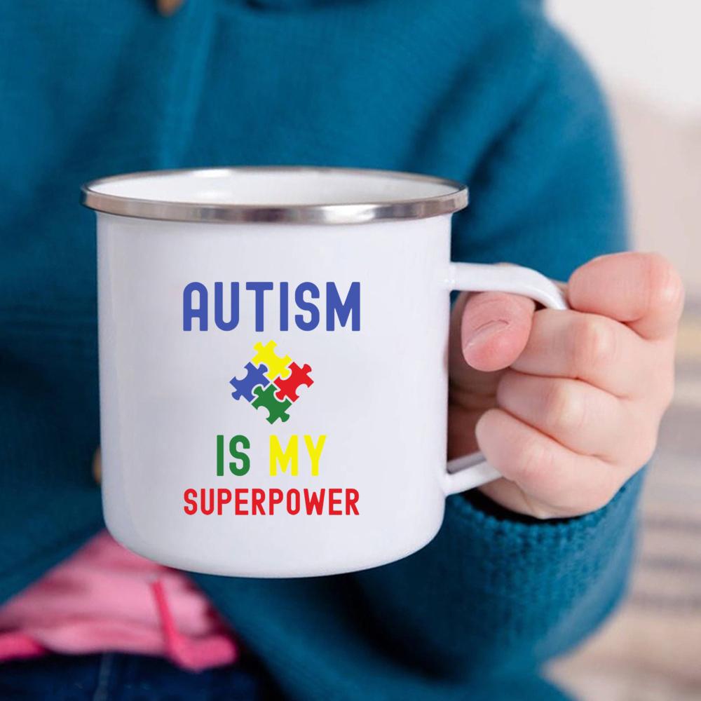 

Аутизм — моя суперсила. Чашка-головоломка для людей с аутизмом. Белые ручки. Кружка для кофе и чая. Цветная эмалированная кружка. 360ml