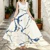 Coastal Resort Long Dress,Sleeveless Navy Marble Crack Pattern U Neck Sundress