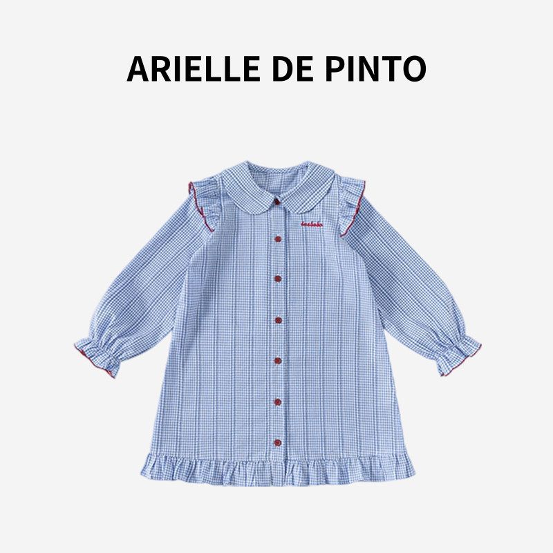 French Arielle De Pinto Girls  Dress Autumn Doll Collar Plaid Shirt Dress Lace Dress Blue and White Grid 160
