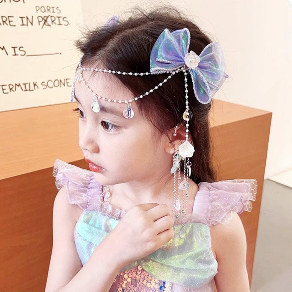 1 Pair Fashion Mermaid Princess Children Forehead Chain Pearl Fairy Hair Clip Sweet Bowknot Hair Accessories Kids