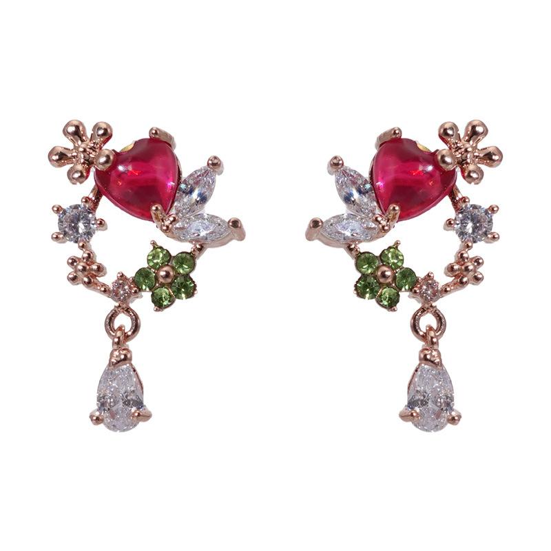 Flower Love Stud Earrings Ankola Red Water Drop Earrings Light Luxury Exquisite High Sense Chinese New Year Zircon Earrings Women