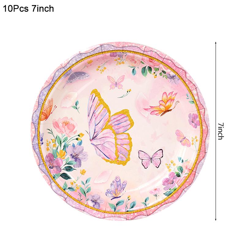 Pink Butterfly Disposable Tableware Set Paper Plates Cup Tablecloth Girls Butterfly Theme Birthday Party Decoration Supplies