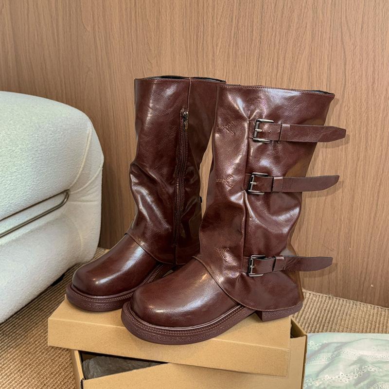 

Мода на складки ветер 2025 весна и осень новые ретро стримеры полусапоги женские сапоги западные рыцарские сапоги ковбойские сапоги 40