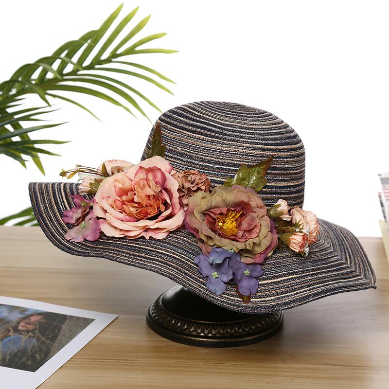 Summer new sunscreen sunshade flower straw hat women's beach travel hand-woven hat foldable big eaves hat